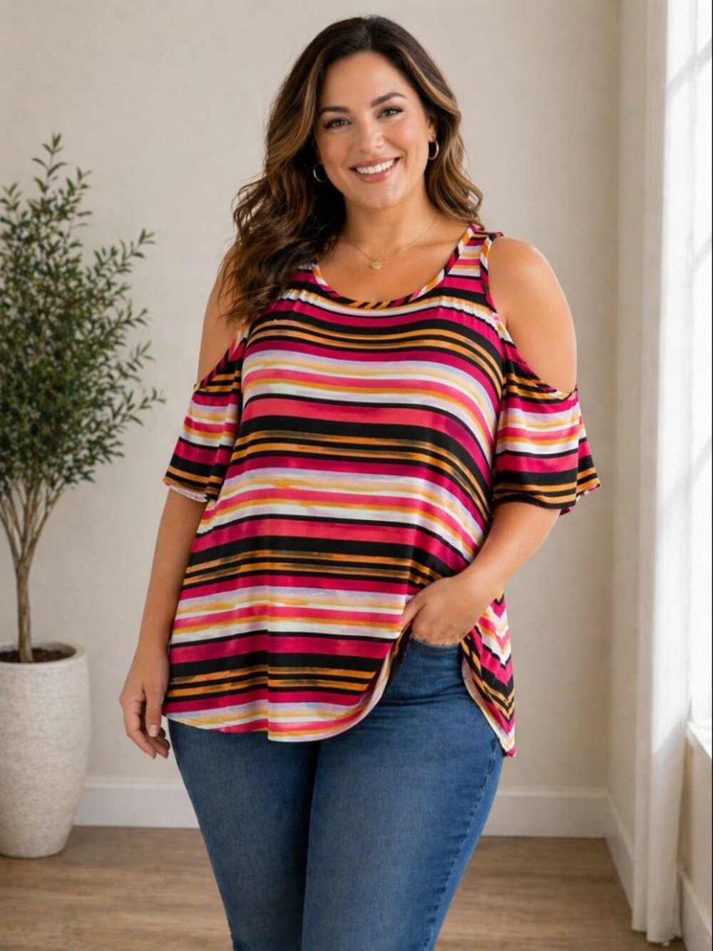 Just Be Womens 2X Colorful Striped Cold Shoulder Top Short Sleeve Plus Size Blou